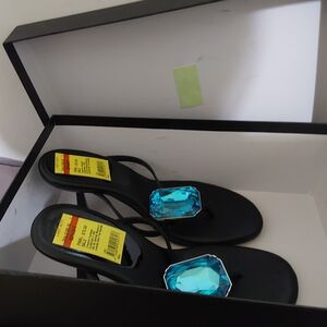 Aminah AAJ Black Jewel-Embellished Thong Sandals - Blue Gem